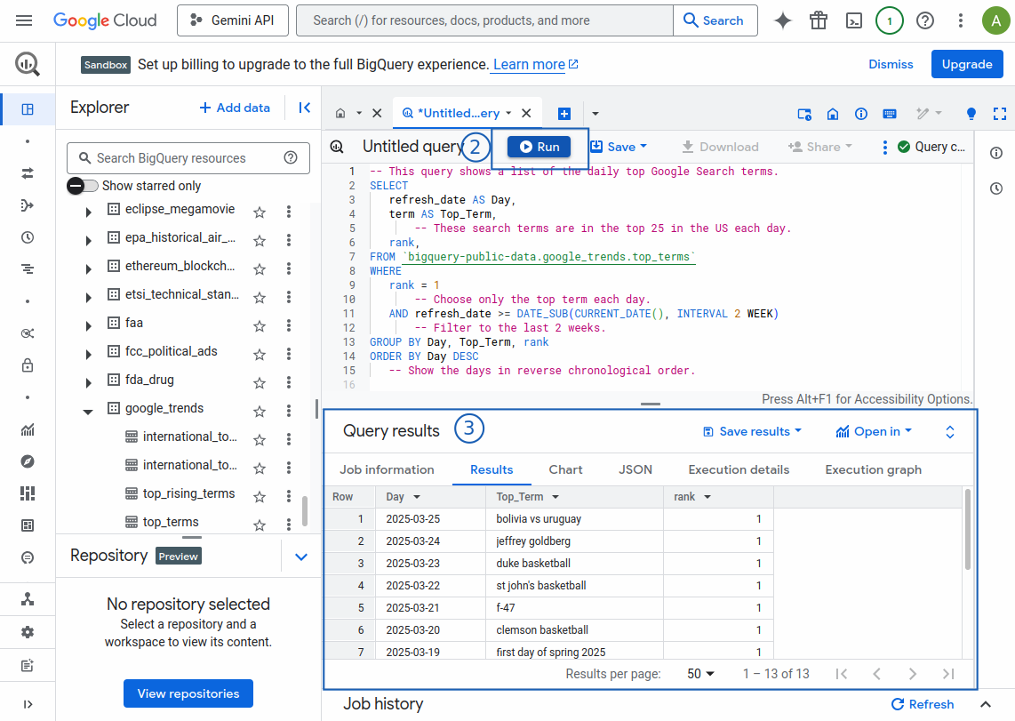 Console BigQuery : explorateur, éditeur SQL, bouton Run et tableau de résultats.